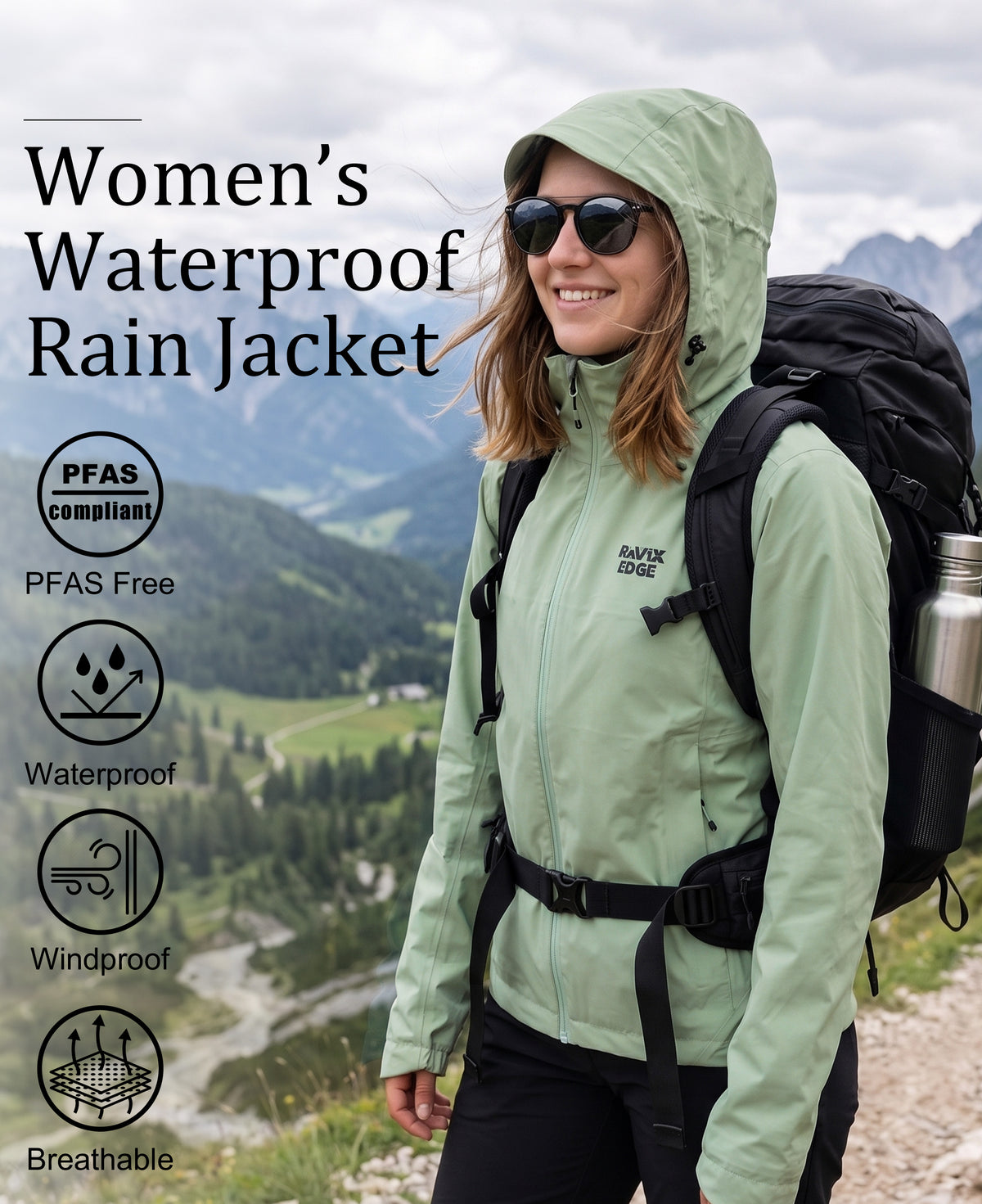 Women's Fluorine-Compliant Breathable Rain Jacket, Waterproof Lightweight Outdoor Raincoat -01106