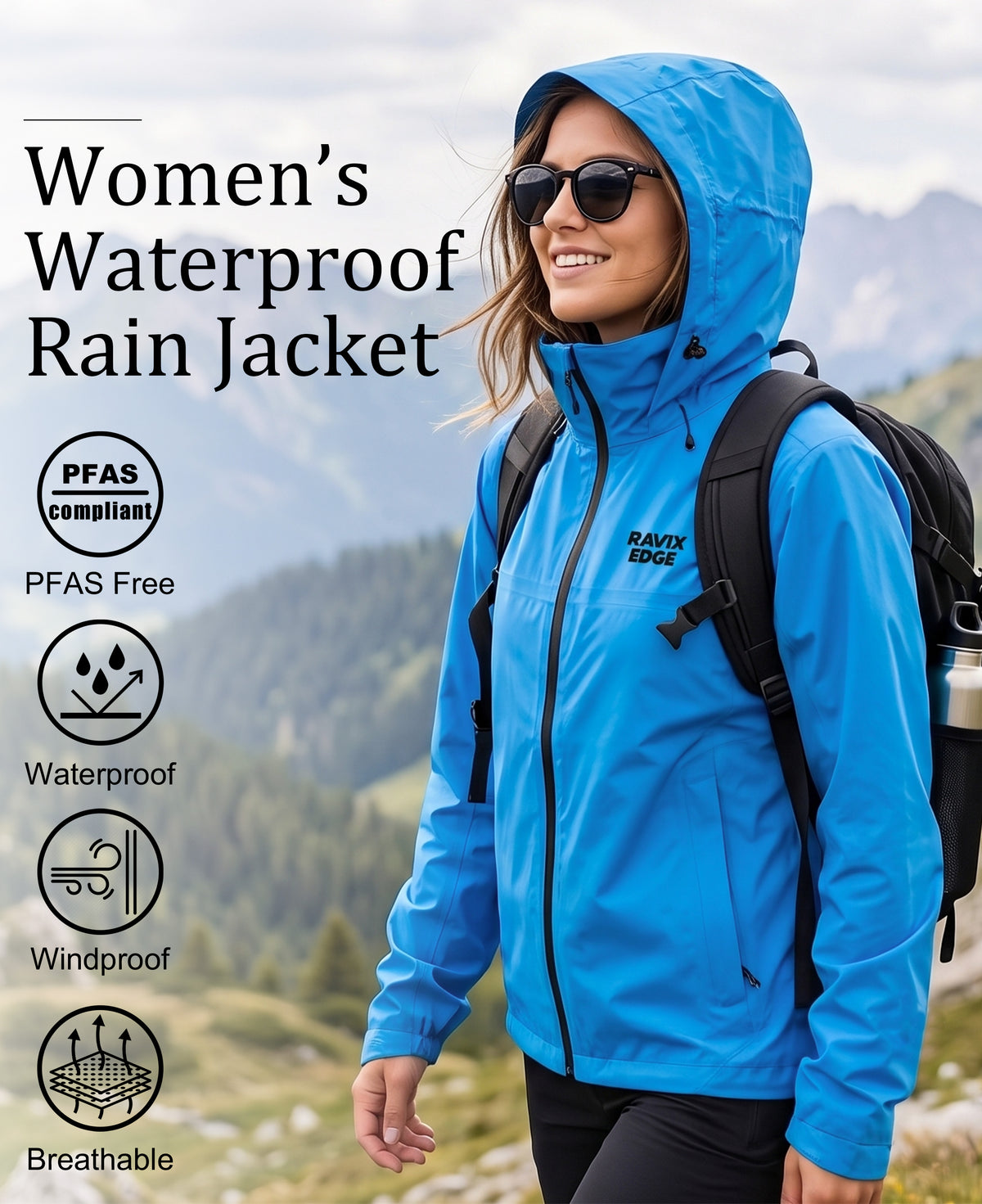 Women's Fluorine-Compliant Breathable Rain Jacket, Waterproof Lightweight Outdoor Raincoat -01106
