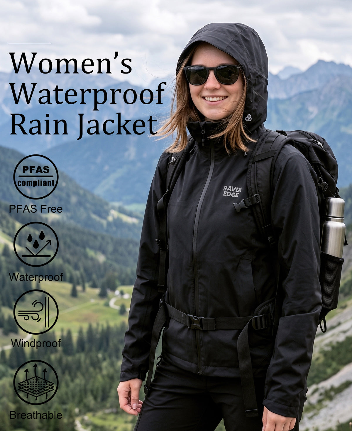 Women's Fluorine-Compliant Breathable Rain Jacket, Waterproof Lightweight Outdoor Raincoat -01106